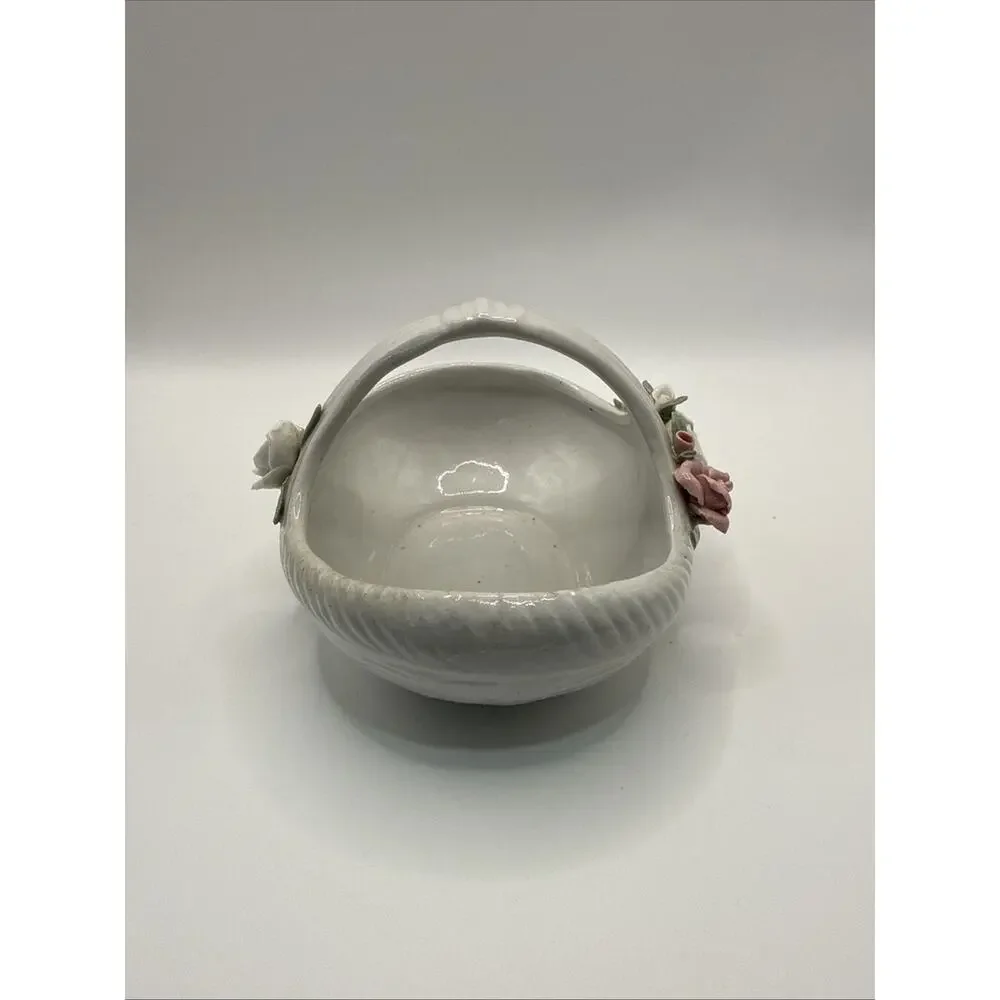 White Porcelain Basket with Pink & White Roses 5”